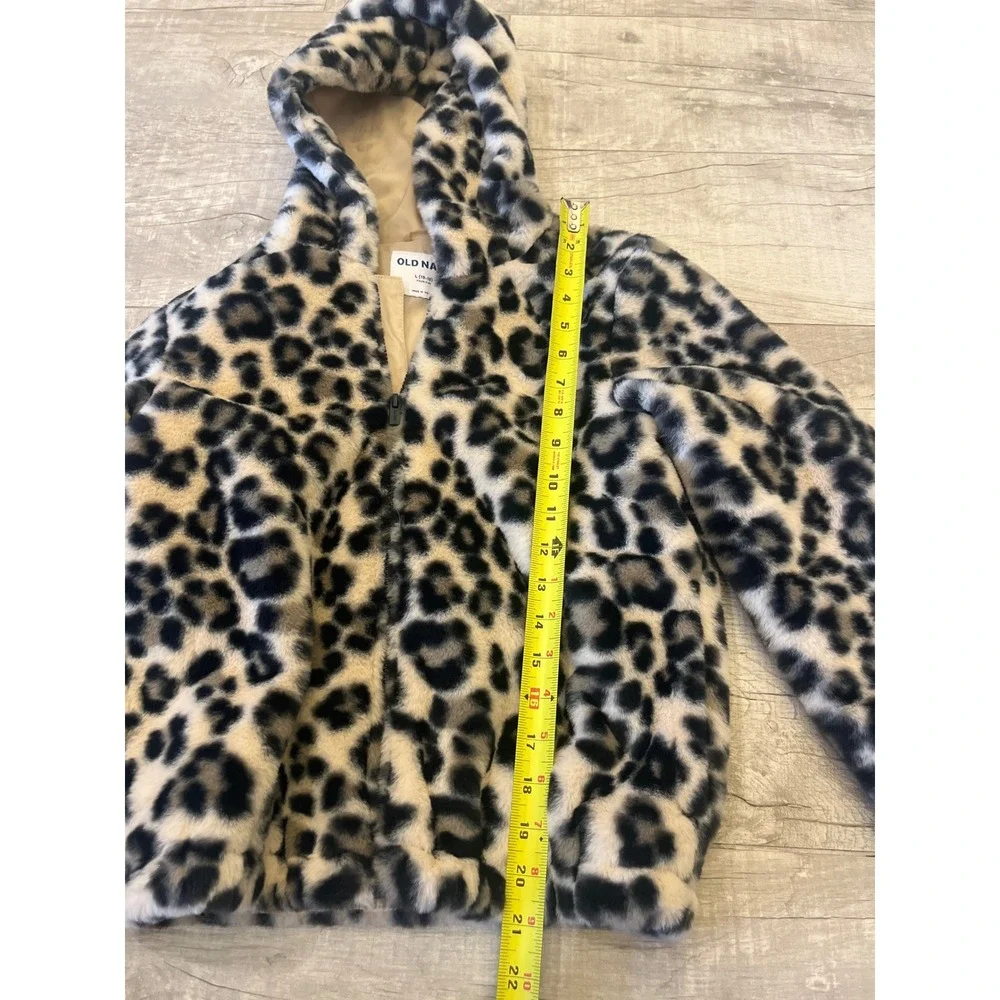 Old Navy Girls Leopard‎ Faux Fur Hooded Jacket Size L 10 12 Winter Warm